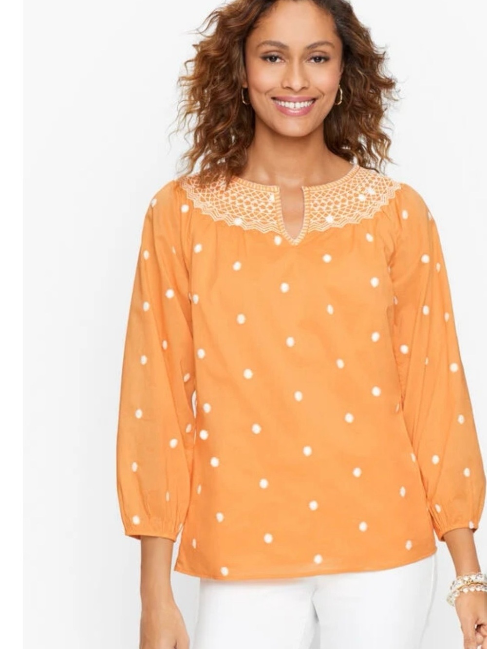 Talbots Orange Polka-Embroidered Smock Cotton Peasant Blouse